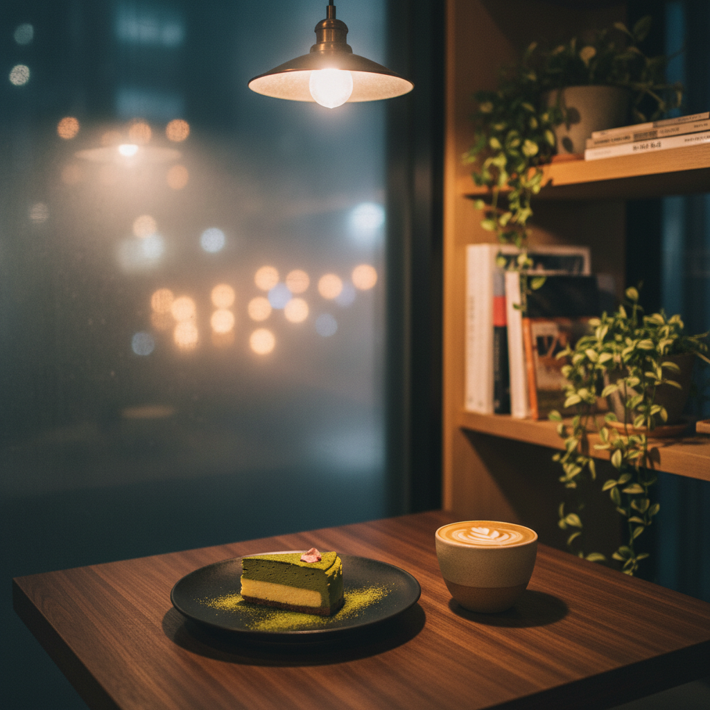 A cozy corner table in a hidden Tokyo-style cafe, featuring a meticulously plated matcha cheesecake on a matte black ceramic plate, beside a latte in a minimalist sand-colored cup with delicate foam art. The table is made of dark walnut wood with a subtle grain, positioned near a frosted window that softens the city lights beyond. Warm pendant lighting from above casts a gentle pool of light on the desserts, creating subtle highlights and soft-edged shadows. In the slightly blurred background, shelves of artfully arranged books and plants hint at an intimate, design-forward space. Captured at eye level with a shallow depth of field, the mood is sophisticated yet inviting, ideal for a stylish travel and lifestyle feature shot in photographic realism.