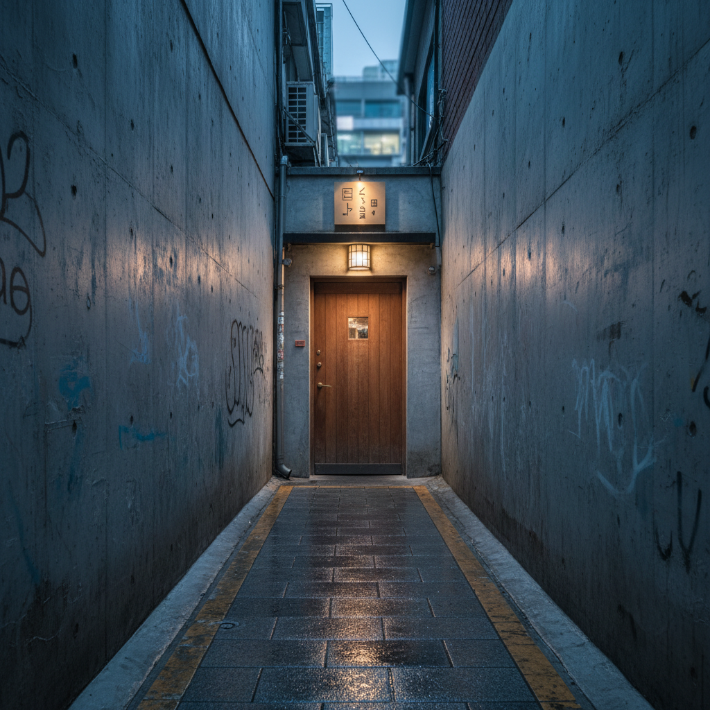 A narrow alleyway in Seoul at blue hour, showcasing the entrance of a tiny, hidden restaurant framed by textured concrete walls and a single wooden door with a brass handle. Minimalist signage appears only as abstract shapes and icons, softly illuminated by a warm, overhead lantern. Reflections of subtle neon colors from nearby streets play across rain-damp stone pavement. The composition uses leading lines as the alley converges toward the doorway, drawing the viewer inward. Captured with a wide-angle lens at street level, every surface texture is sharp, while the distant background softly blurs. The mood is cinematic, mysterious, and refined, embodying the allure of discovering under-the-radar dining spots in Asia through polished, photographic realism.