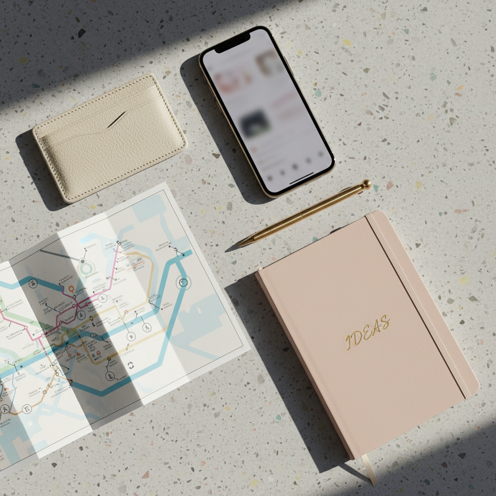 An artfully arranged flat lay of polished travel essentials for exploring hidden cafes across Asia: a cream-colored leather card holder, a slim black smartphone showing a blurred social media interface, a folded subway map labeled only with abstract symbols, and a delicate gold pen resting on a pale blush notebook titled “Ideas” in embossed lettering. Everything lies on a cool stone tabletop with faint terrazzo speckles. Soft morning light from the left creates fine highlights on metal edges and gentle shadows that lead the eye diagonally across the frame. The composition follows the rule of thirds with a calm, intentional spacing between objects. The atmosphere is elegant, organized, and quietly aspirational, reflecting a sophisticated travel blogger’s planning ritual in highly realistic photographic style.