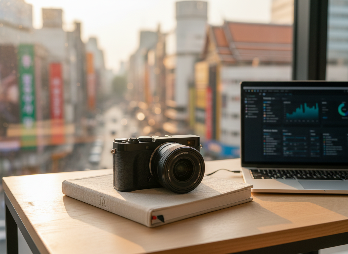 A sleek, mirrorless travel camera resting on a soft linen journal embossed with the initials “JA,” placed on a minimalist wooden desk beside a slim laptop displaying a blurred analytics dashboard. In the background, a large window reveals an indistinct Asian city skyline with neon hints of Tokyo, Seoul, and Bangkok. Late afternoon natural light pours in, creating gentle reflections on the camera’s metal body and subtle shadows along the journal’s textured cover. Shot at a slightly elevated angle with shallow depth of field, the focus is crisp on the camera and journal while the background melts into a sophisticated bokeh. The mood is refined, quietly ambitious, and tailored to a digital nomad content creator’s lifestyle, captured in clean, photographic realism.